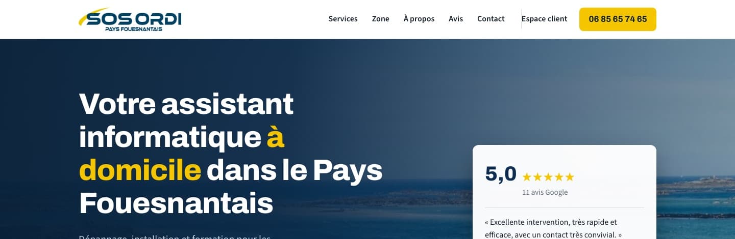 Page d'accueil du site SOS ORDI Pays Fouesnantais, refait en août 2026